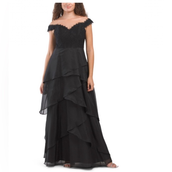 Aidan Mattox Off Shoulder Black Tiered Ruffle Gown Size 4 NWT - Picture 1 of 2